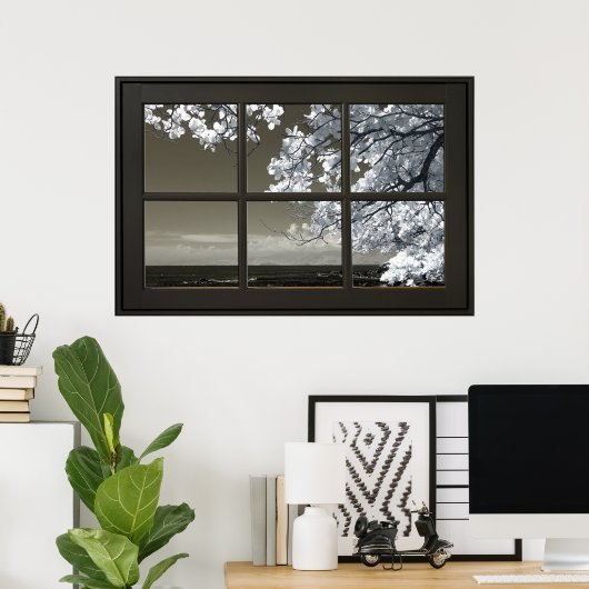 Zwart WIndow Lijst Ominous White Tree Blossom Uitz Poster (Thuiskantoor)