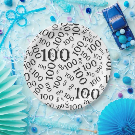 Zwart/wit 100th Birthday Party Number Pattern Papieren Bordje (Feest)