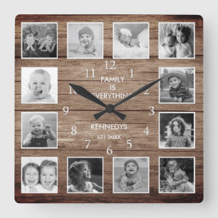 Zwart-wit 12 Foto Collage Family Quote Wood Vierkante Klok