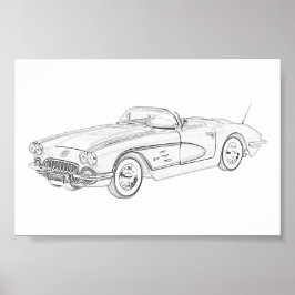 Zwart-wit 1958 Chevy Corvette Illustration Poster
