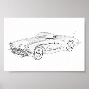Zwart-wit 1958 Chevy Corvette Illustration Poster