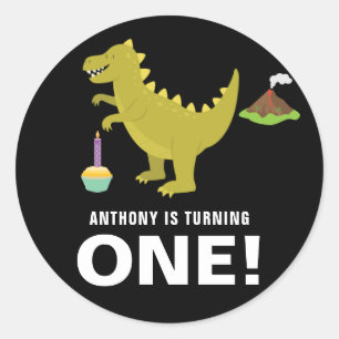 Zwart-wit 1e verjaardagsfeest met dinosaurus-thema ronde sticker