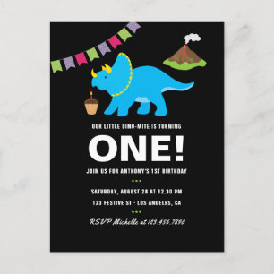 Zwart-wit 1e verjaardagsfeest met dinosaurus-thema uitnodiging briefkaart
