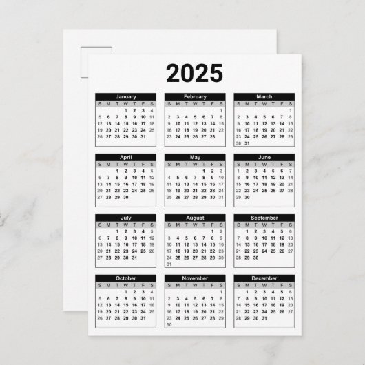 Zwart-wit 2025 jaar in een oogopslag briefkaart (Voorkant / Achterkant)