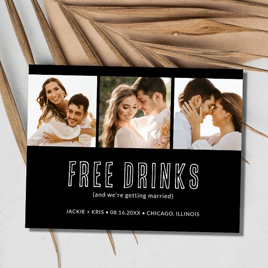 Zwart Wit 3 Foto Bruiloft Save the Date Aankondigingskaart