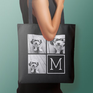 Zwart-wit 3 Foto Collage Aangepast monogram Draagtas
