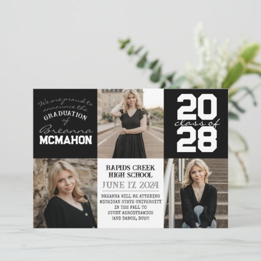 Zwart & Wit 4 Foto Afstuderen Aankondiging (Staand voorkant)