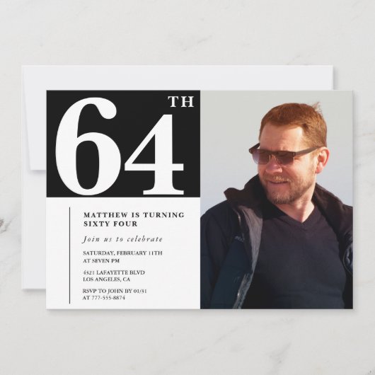 Zwart-wit 64e verjaardag Uitnodigingen Foto (Voorkant)