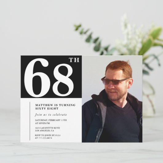 Zwart-wit 68e verjaardag Uitnodigingen Foto (Staand voorkant)