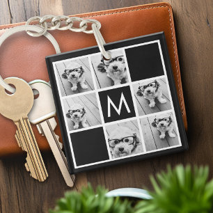 Zwart-wit 6 Aangepast monogram fotocollage Sleutelhanger