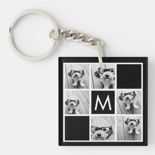 Zwart-wit 6 Foto Collage Aangepast monogram Sleutelhanger (voorkant)