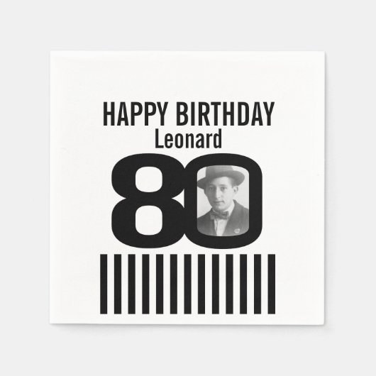 Zwart-wit 80e verjaardag streep foto servetten (Voorkant)