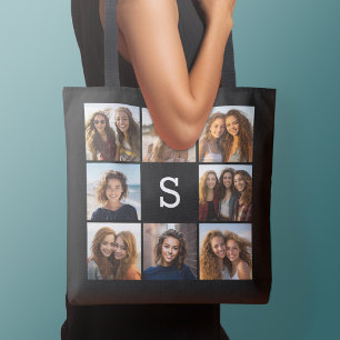 Zwart wit 8 Aangepast fotocollage monogram Tote Bag