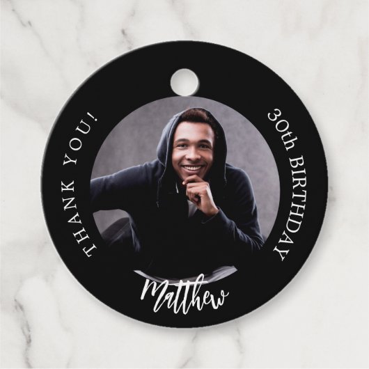 Zwart wit aangepaste foto man man verjaardag bedankjes labels (Voorkant)