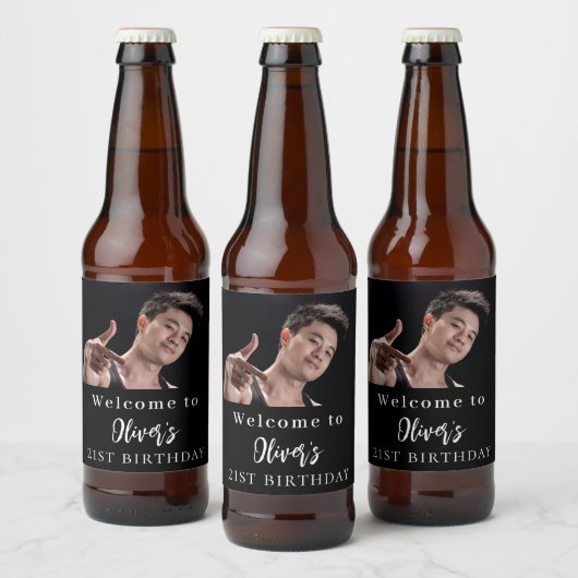 Zwart wit aangepaste foto welkom verjaardag bier etiket (Flessen)