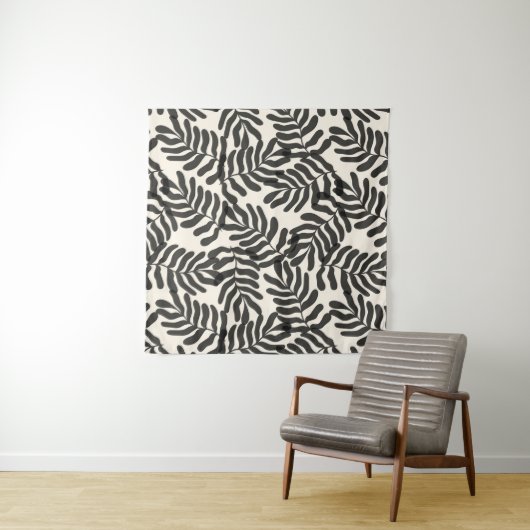 Zwart-wit abstract blad patroon wandkleed (In Situ (horizontaal))