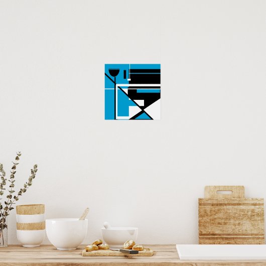 Zwart wit Abstract geometrisch op middelblauw Poster (Keuken)