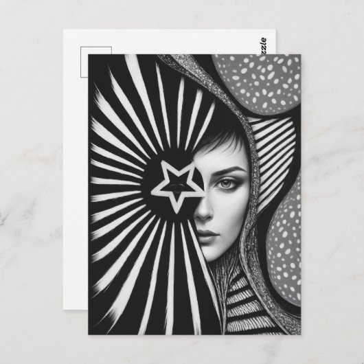 Zwart-wit Abstract gezicht en ster Briefkaart (Voorkant / Achterkant)