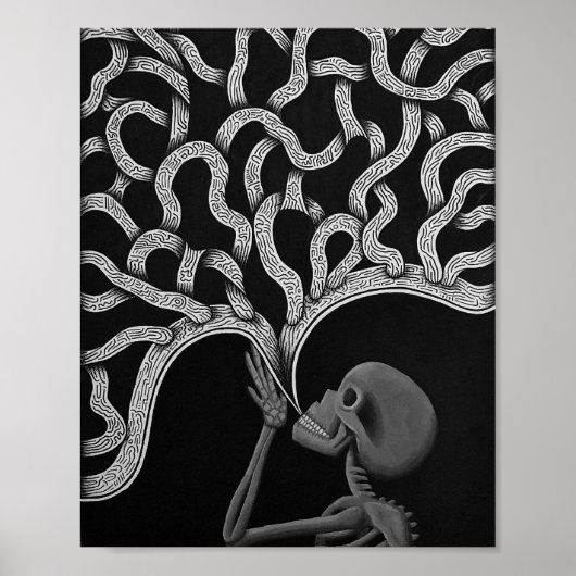 Zwart & Wit Abstract Skeleton Tekening Poster (Voorkant)