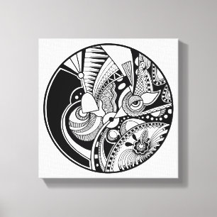 Zwart-wit Abstract Zendala op Circle 6 Canvas Afdruk