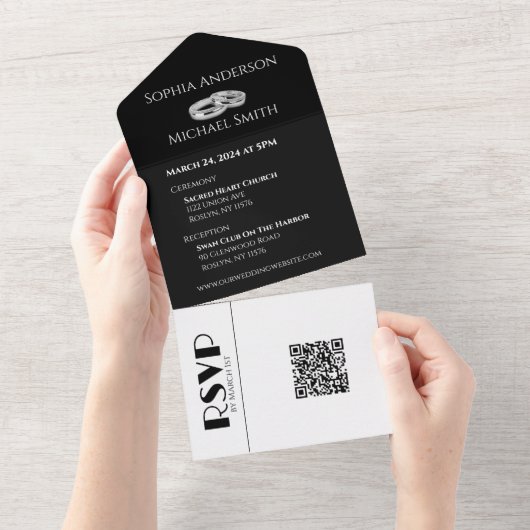 Zwart-wit Affair-trouwringen- All In One Uitnodiging (Afscheurbaar)