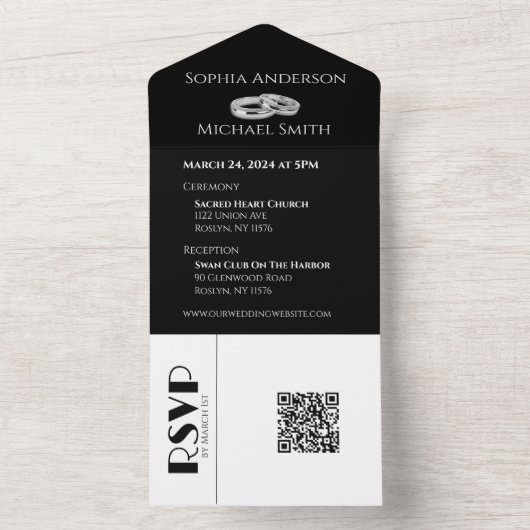 Zwart-wit Affair-trouwringen- All In One Uitnodiging (Binnen)