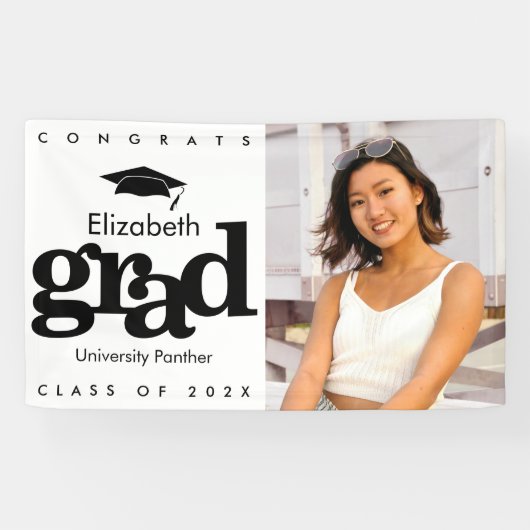 Zwart wit afstuderen foto eenvoudig modern vet spandoek (Horizontaal)