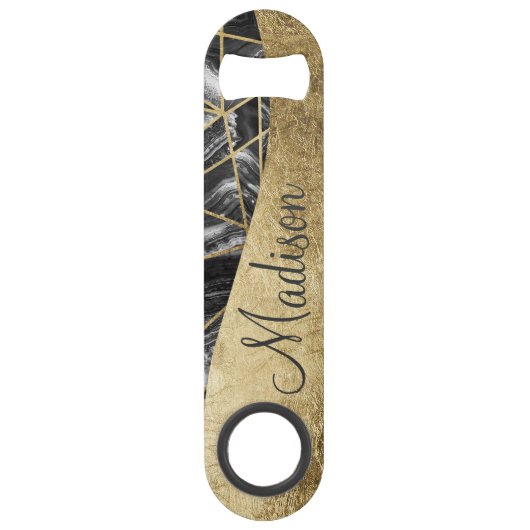 Zwart wit Agate Black Gold Geometric Monogram Speed Flessenopener (Voorkant)