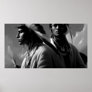 Zwart-wit Amerikaanse Indiaan 2 mannen Monochroom Poster