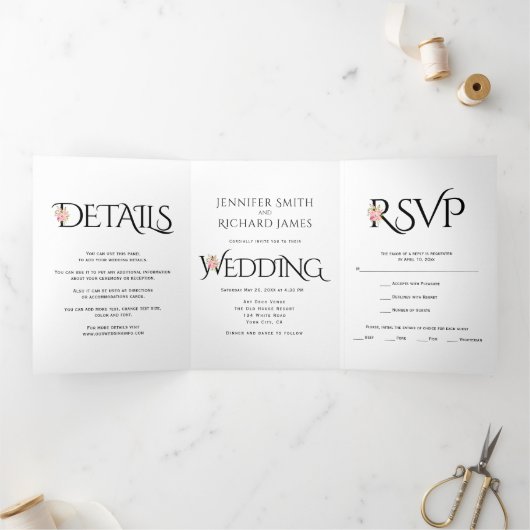 Zwart wit ampersand met roze rozen bruiloft drieluik uitnodiging (Binnen)