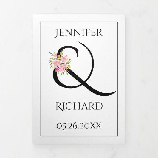 Zwart wit ampersand met roze rozen bruiloft drieluik uitnodiging (Cover)