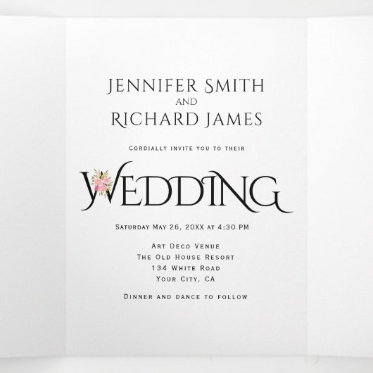 Zwart wit ampersand met roze rozen bruiloft drieluik uitnodiging (Binnenkant midden)