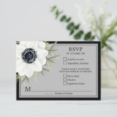 Zwart & Wit Anemonen Botanische bruiloft RSVP Kaartje (Staand voorkant)