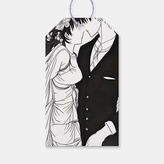 Zwart-wit anime bruid en bruidegom cadeaulabel (Voorkant)