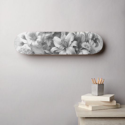 Zwart & Wit Antiek Bloemen Perfectie Skateboard (Muurkunst (Horizontaal))