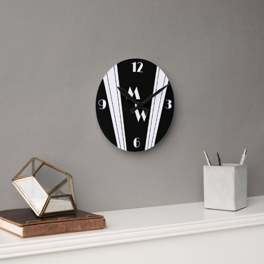 Zwart-wit Art Deco Design Monogrammen Ronde Klok (Kantoor)