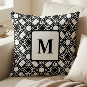 Zwart Wit Art Deco Monogram Patroon Kussen