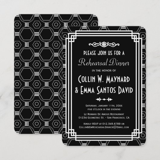 Zwart & Wit Art Deco repetitie diner uitnodigingen (Voorkant / Achterkant)