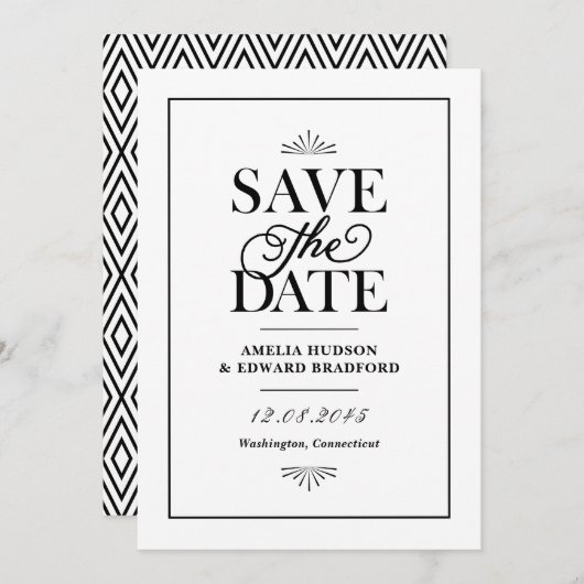 Zwart-wit art deco typografie save the date (Voorkant / Achterkant)