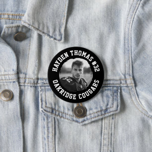 Zwart-wit atleet Naam Jersey Nummer Foto Ronde Button 7,6 Cm