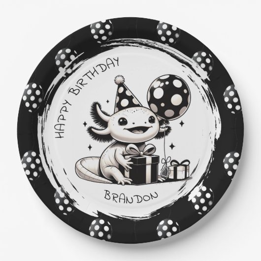 Zwart-wit Axolotl & Balloons Verjaardag Papieren Bordje (Voorkant)