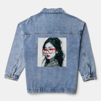 Zwart Wit Aziatisch Dame Portret Rode Lippen En Gl Denim Jacket