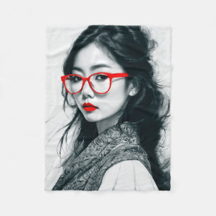 Zwart Wit Aziatisch Dame Portret Rode Lippen En Gl Fleece Deken