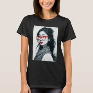 Zwart Wit Aziatisch Dame Portret Rode Lippen En Gl T-shirt