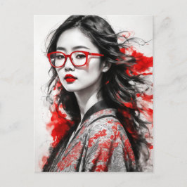 Zwart Wit Aziatisch Vrouw Tekening Briefkaart