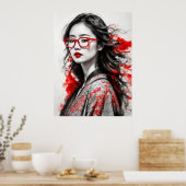 Zwart Wit Aziatisch Vrouw Tekening Poster (Keuken)