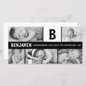 Zwart-wit Baby monogram 5 foto Modern Birth Aankondiging (Voorkant / Achterkant)