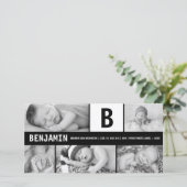 Zwart-wit Baby monogram 5 foto Modern Birth Aankondiging (Staand voorkant)