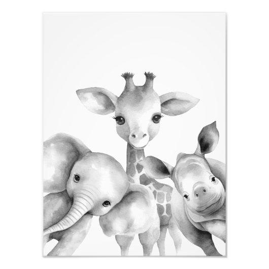 Zwart-Wit Babyprint met Safari Dieren Foto Afdruk (Voorkant)