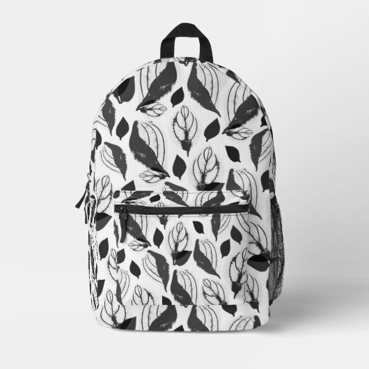 Zwart-wit Basil Blad Patroon Bedrukte Rugzak (Voorkant)